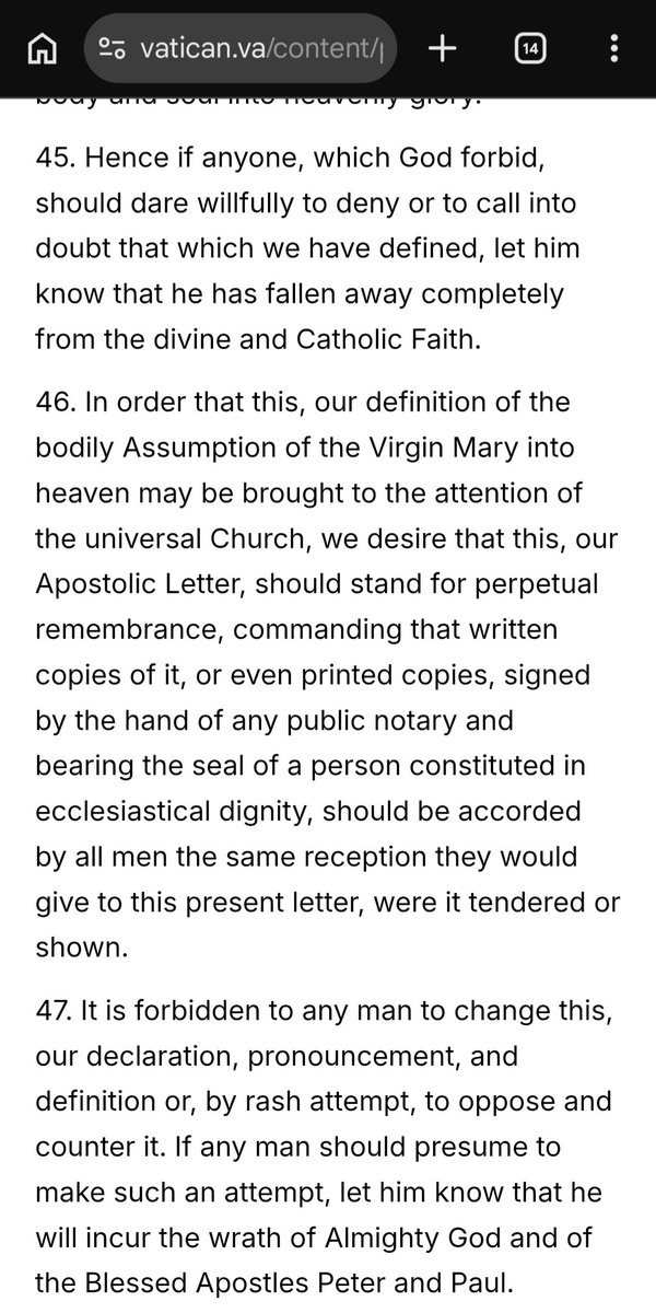 JacobSchlinkert's tweet photo. @heaveniscallin1 @needGod_net You cannot. This is what the "infallible" declaration of the assumption of Mary says. It's pretty blunt. https://t.co/zbSF0dJh5V