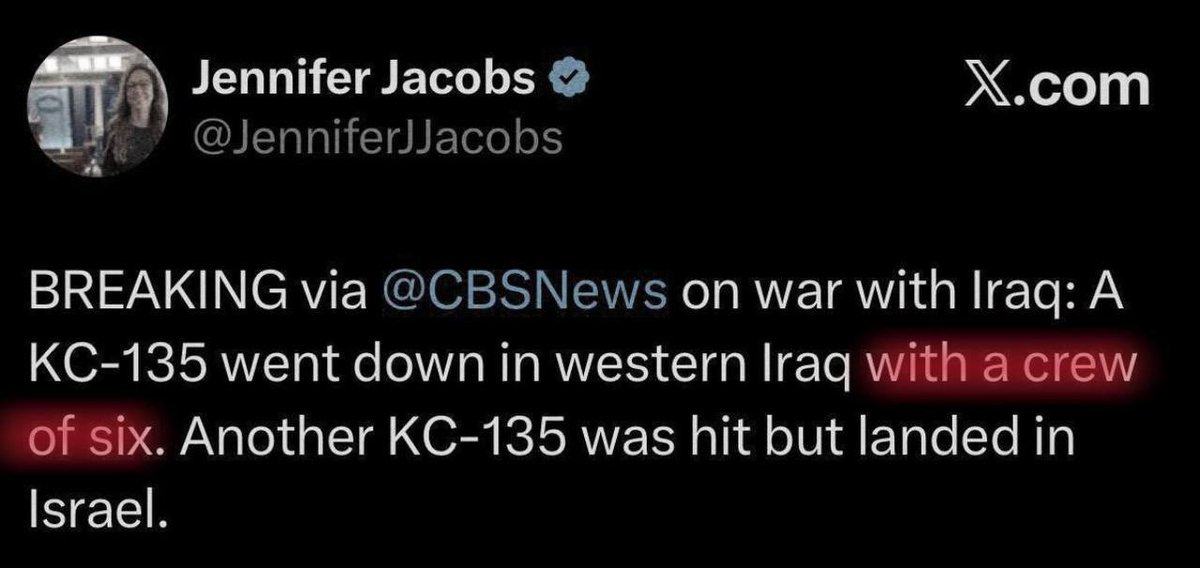 🚨 ليلة ساخنة في الأجواء
•سقوط KC-135 أمريكية في غرب العراق
•طائرة أخرى من نفس الطراز أصيبت وهبطت في إسرائيل

تقارير أولية تتحدث عن طاقم من 6 أشخاص على متن الطائرة التي سقطت