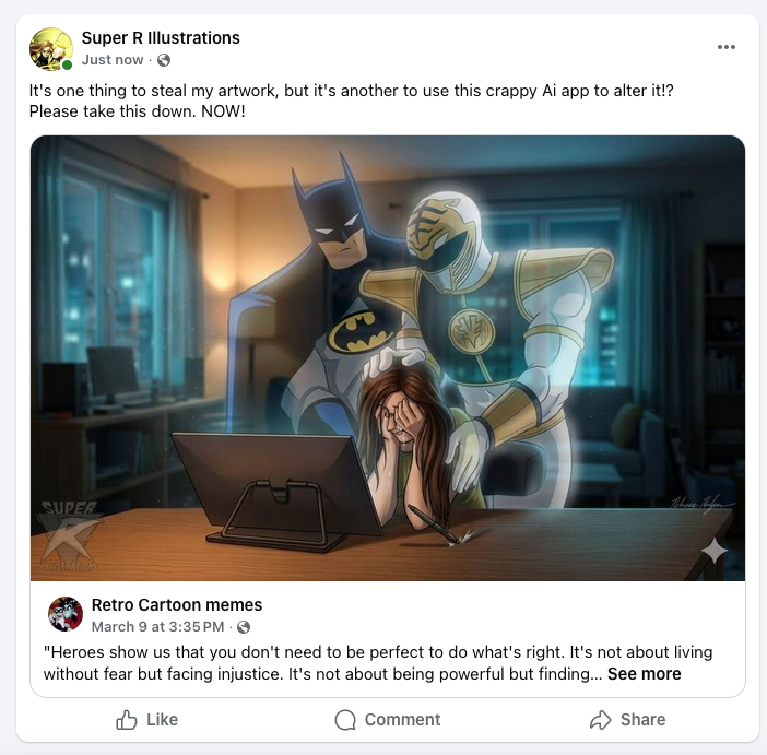 RebHudge's tweet photo. If you're following a group called "Retro Cartoon Memes," please unfollow and report them immediately, they stole my artwork and altered it with Ai. 
I am beyond livid....
#aiartisnotart #stolenart #retrocartoonmemes https://t.co/GQFIZfKh4J