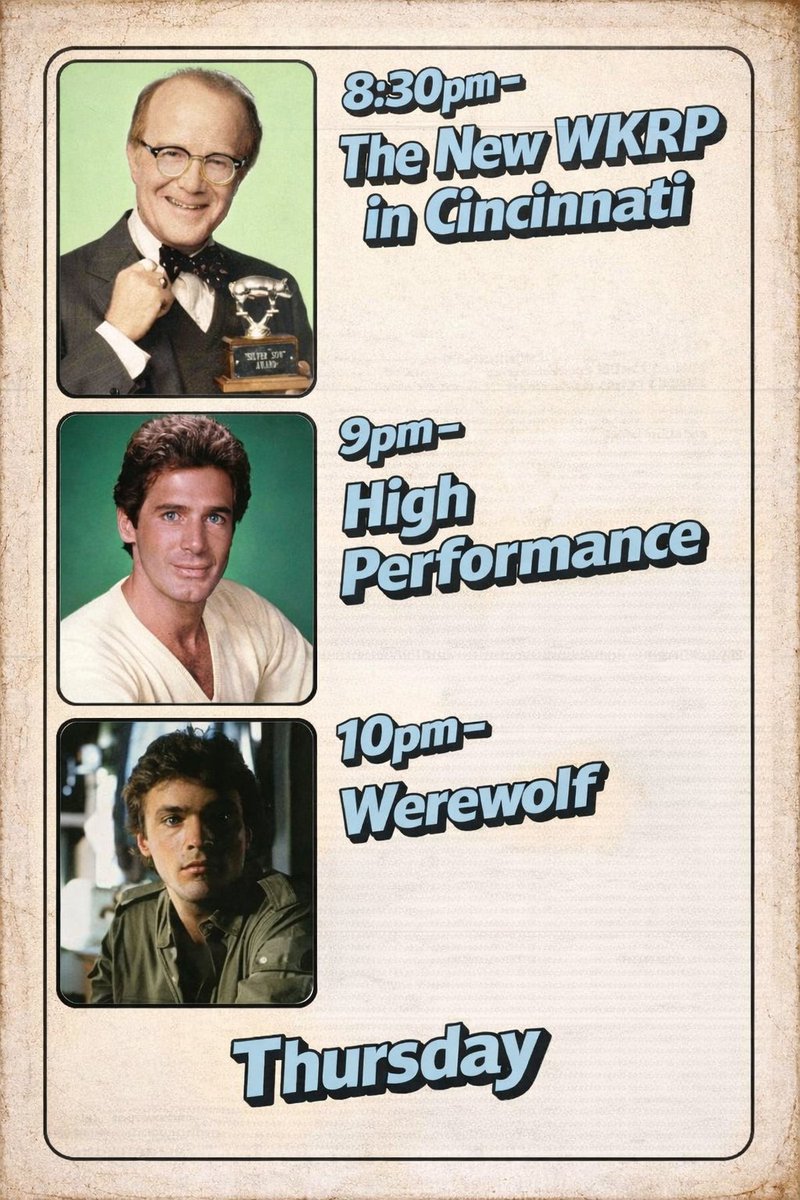 RikerDonegal's tweet image. Tonight's #classicTV watchlist: DJs, bodyguards and a werewolf.
___
#WKRPinCincinnati #HighPerformance #Werewolf