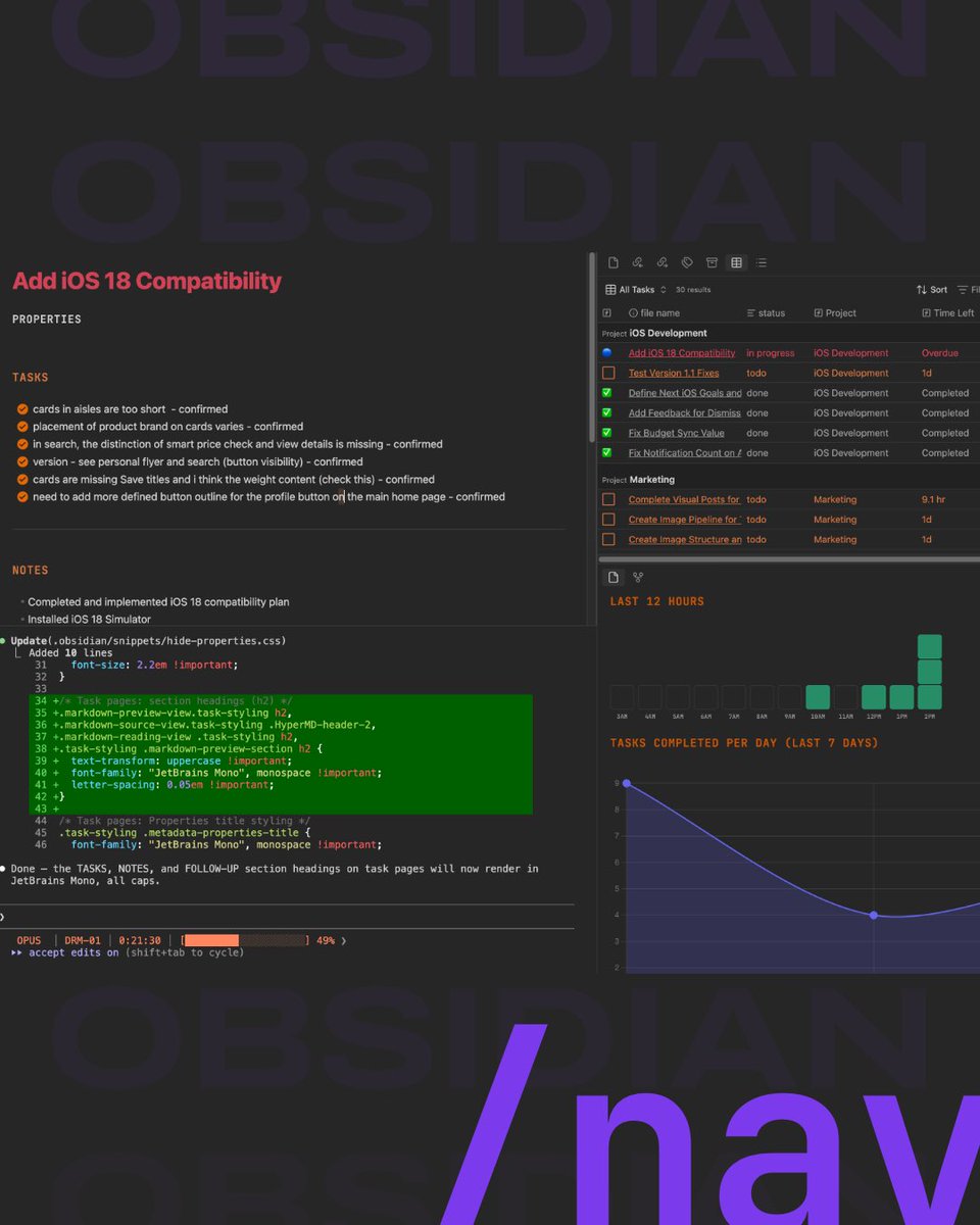 Obsidian has become a navigator that helps orchestrate tasks across dev, marketing, and research.

Claude Code updates and monitors tasks. It’s also customized the UI based on feedback and what works for productivity.

Now you don’t have to settle for software that doesn’t fit.