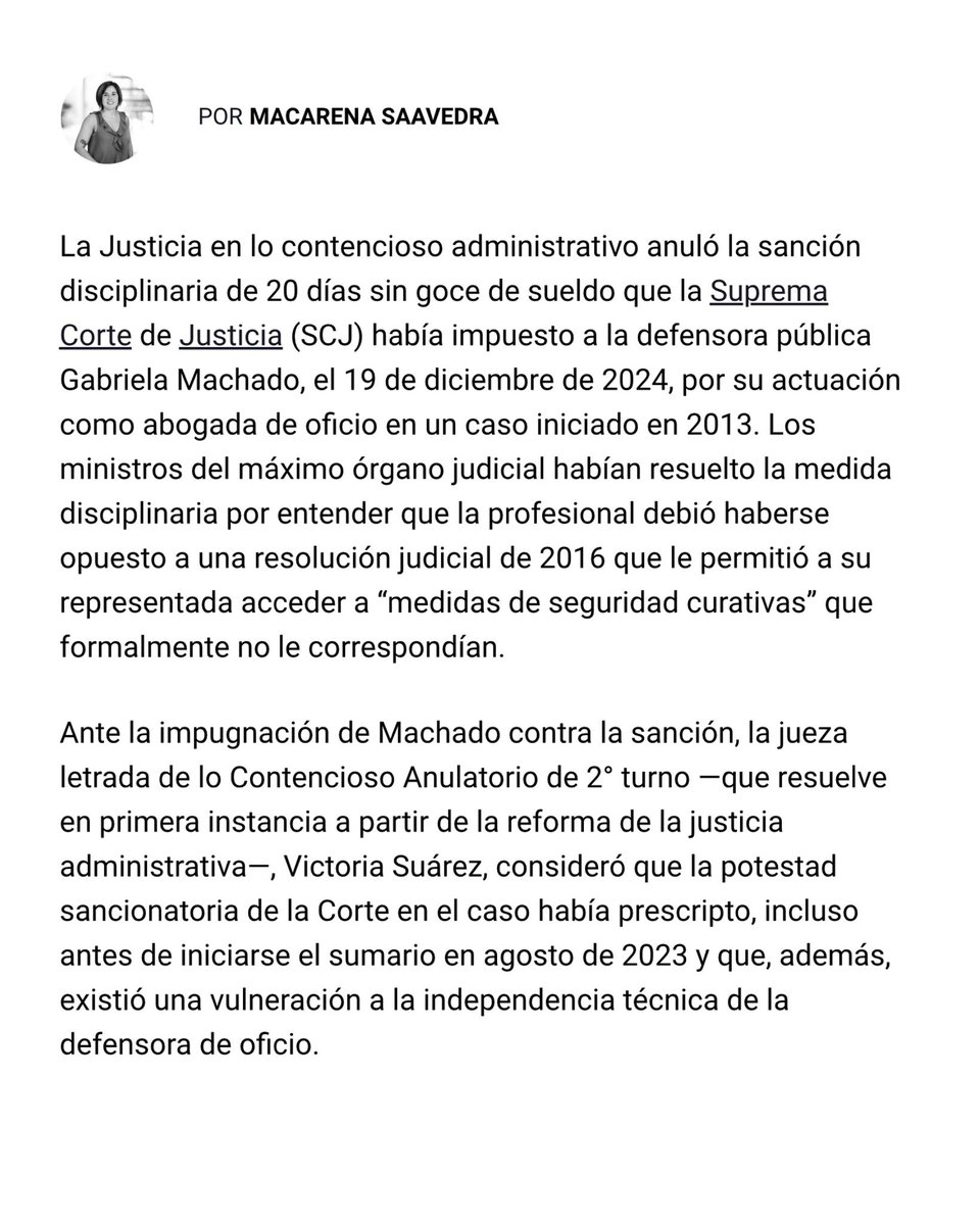 ADEPU_URU's tweet photo. La Justicia en lo Contencioso Administrativo anuló en primera instancia la sanción disciplinaria que la Suprema Corte de Justicia había impuesto a una defensora pública por su actuación profesional. https://t.co/4fdToqn1Pt