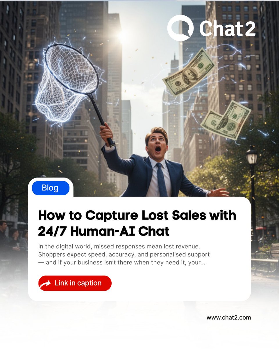 wwwchat2com's tweet photo. In the digital world, missed responses mean lost revenue. 😲

What is your business doing to capture lost sales in the online space? 💸
With our Human-AI Chat, you will never miss another enquiry or lead again! 👏✨

Blog: https://t.co/WCGwRdED0J 

#HumanAIChat #LostLeads #Chat2 https://t.co/lTf6MOvV2u
