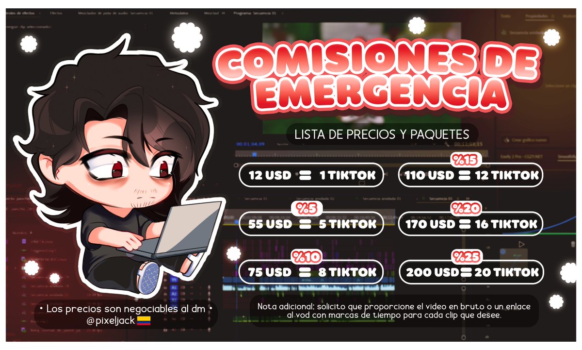 Pixelyack's tweet photo. @Ikki_Pudu ¡Hola! me presento soy pixeljack editor de videos, te dejo mi portafolio aqui espero que sea de su agrado y ademas estos son los precios con un respectivo descuento al ser la primera vez trabajando contigo 

https://t.co/mgrQjZElb7 https://t.co/c21ecTZJYZ