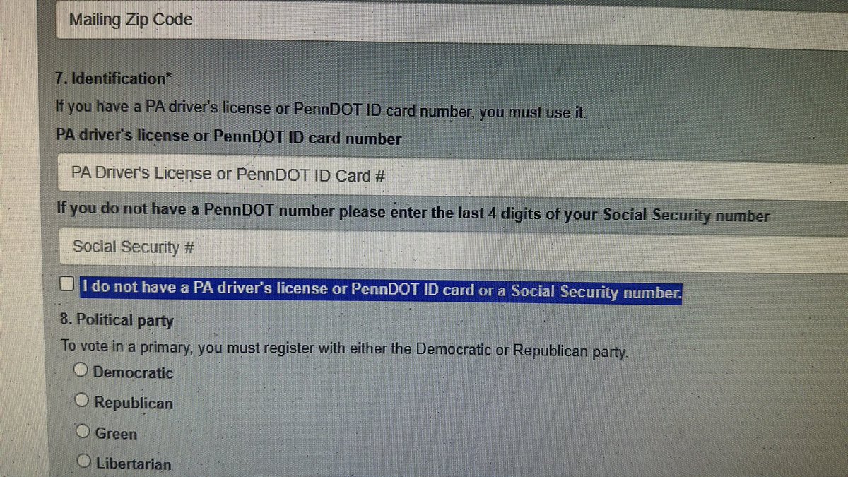 Wrenches57's tweet photo. @ScottPresler I need help, please. Can someone explain to me like I’m retarded why this option is on a PA Voter Registration Application? https://t.co/stYrjnFJon