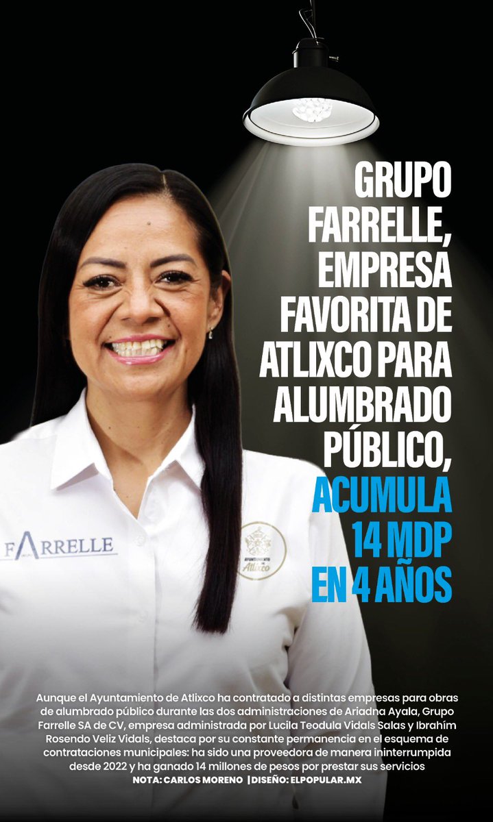 🔴 #IMPORTANTE 

¿Se acuerdan que ya les habíamos contado de las compras y licitaciones a modo que se hacen en el ayuntamiento de #Atlixco en materia de alumbrado público?

👉🏼Pues, eso no es todo.

Grupo Farrelle, empresa consentida del gobierno de <a href="/AriadnaAyala/">Ariadna Ayala</a>, acumuló en tan