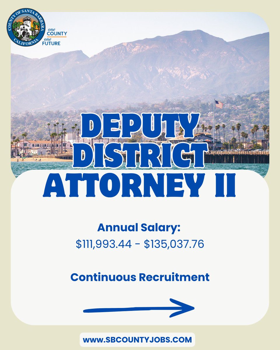 CountySBCareers's tweet photo. The County of Santa Barbara's District Attorney's Office is now hiring! 

For more information on these opportunities, please visit https://t.co/9yUEym8cDk. 

These are continuous recruitments and will be open until they are filled. 

#FederalEmployees #GovernmentJobs #Apply https://t.co/tseMgtqt3c