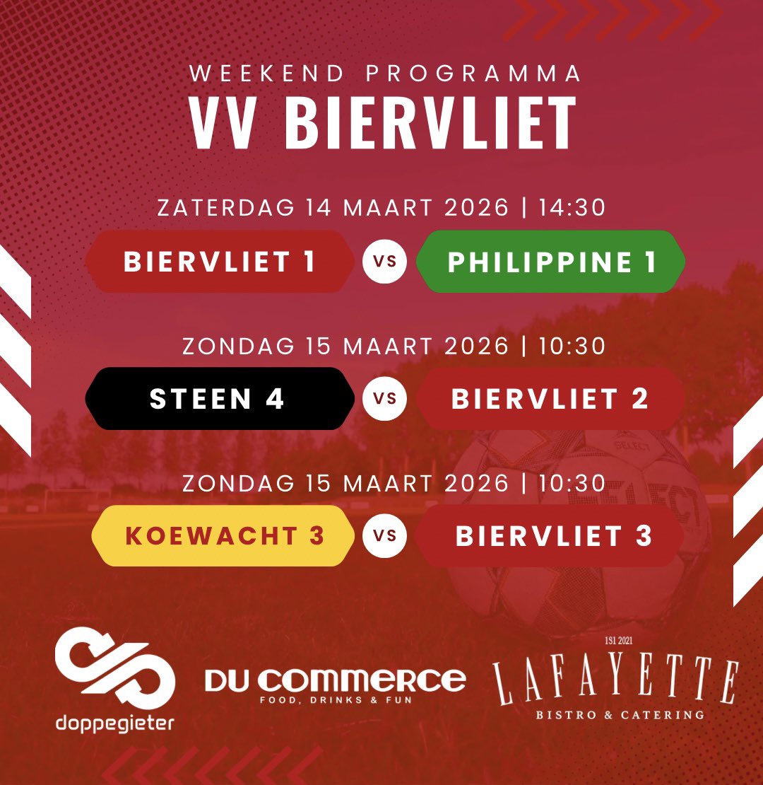 𝗪𝗘𝗘𝗞𝗘𝗡𝗗 𝗣𝗥𝗢𝗚𝗥𝗔𝗠𝗠𝗔 🔴⚪️

VV Biervliet 1 - VV Philippine
⚽️ Competitie

VV Steen 4 - VV Biervliet 2 
⚽️ Competitie 

RKVV Koewacht 3 - VV Biervliet 3 
⚽️ Competitie 

Alle wedstrijd programma’s van dit seizoen zijn te volgen op voetbal.nl