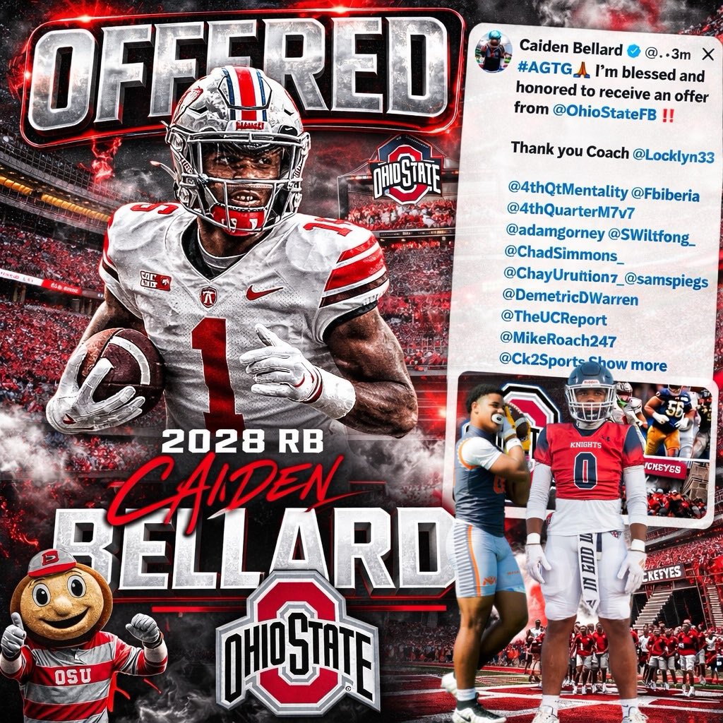 4thQuarterM7v7's tweet photo. Thank You @OhioStateFB For Offering Our 2028 RB @CaidenBellard
๐ฅ๐ฅ๐ฅ๐ฅ
#4thQuarterMentality
#TheStandard
#WinInSilence
@ChadSimmons_ @MikeRoach247 @TomLoy247 @Andrew_Ivins @FbIberia https://t.co/9dfnlM6YHM