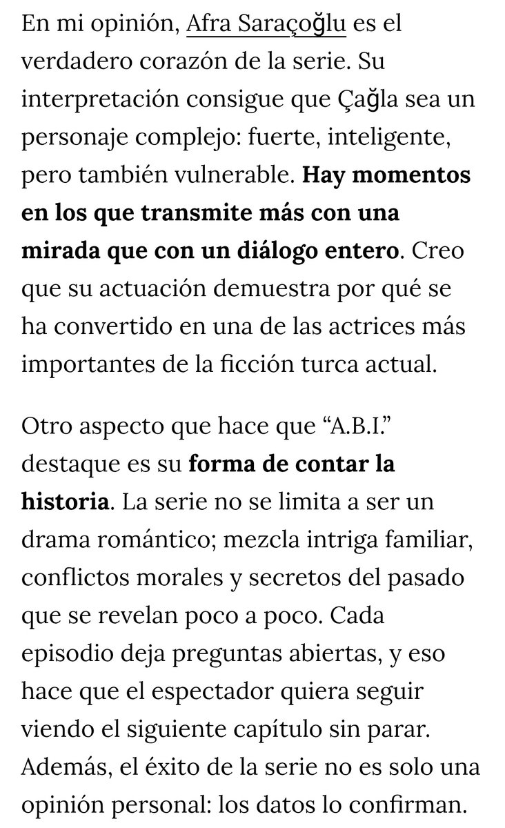 📰 El medio español Diez Minutos destacó la serie A.B.I. (A Broken Inheritance) y elogió la actuación de Afra Saraçoğlu, señalando que es el corazón de la historia y una de las actrices más importantes de la ficción turca actual ✨
#AfraSaraçoğlu