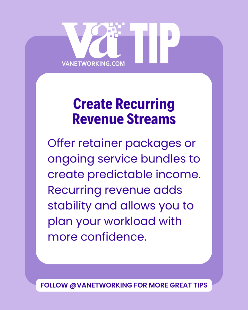 vanetworking's tweet image. VA Tip: Create Recurring Revenue Streams

Offer retainer packages or ongoing service bundles to create predictable income. Recurring revenue adds stability and allows you to plan your workload with more confidence.

#VANA #VAnetworking #SustainableBusiness #VirtualAssistant