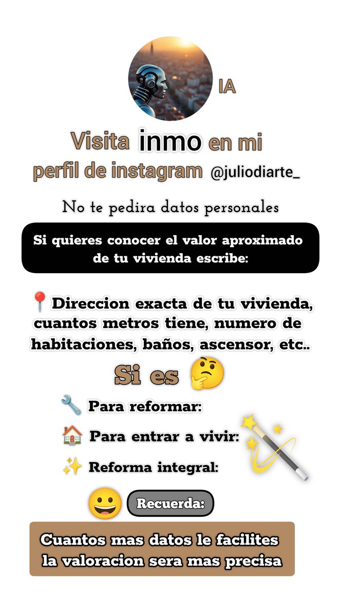 ☝🏻 inmo es una IA para valorar tu vivienda y no solo eso, puedes consultar sobre lugares y otras actividades de forma moderada 

#juliodiarte #inmobiliaria #realestate #españa