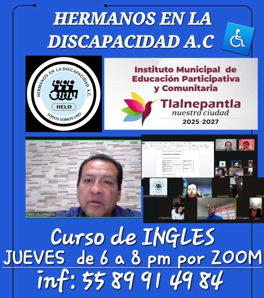 #CURSO de #INGLES 
Impartido excelentemente por  Teacher FIDEL VILLANUEVA del
INTITUTO MUNICIPAL DE EDUCACION Y PARTICIPACION COMUNITARIA DE #TLALNEPANTLA
 Una gran oportunidad!!  
CURSO DE INGLES con Reconocimiento por el IMEPC
📍Por #ZOOM. 
⏳Todos los #JUEVES
⏰ 6 a 8:00 pm