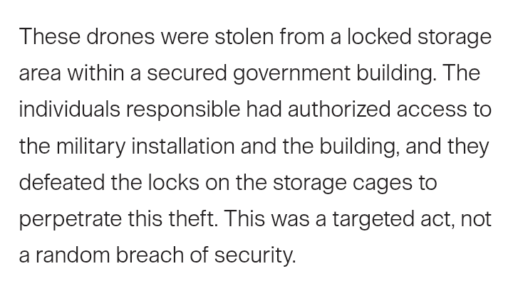 U.S. Army was just forced to admit that the supposed drone thieves at Fort Campbell "had authorized access to the military installation and the building."

Inside job!