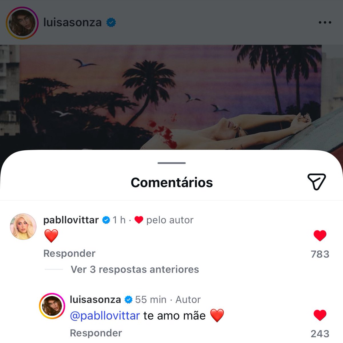 Pabllo Vittar comentou na publicação de Luísa Sonza anunciando a capa e a data de lançamento do álbum “Brutal Paraíso” no Instagram. Vem colaboração?