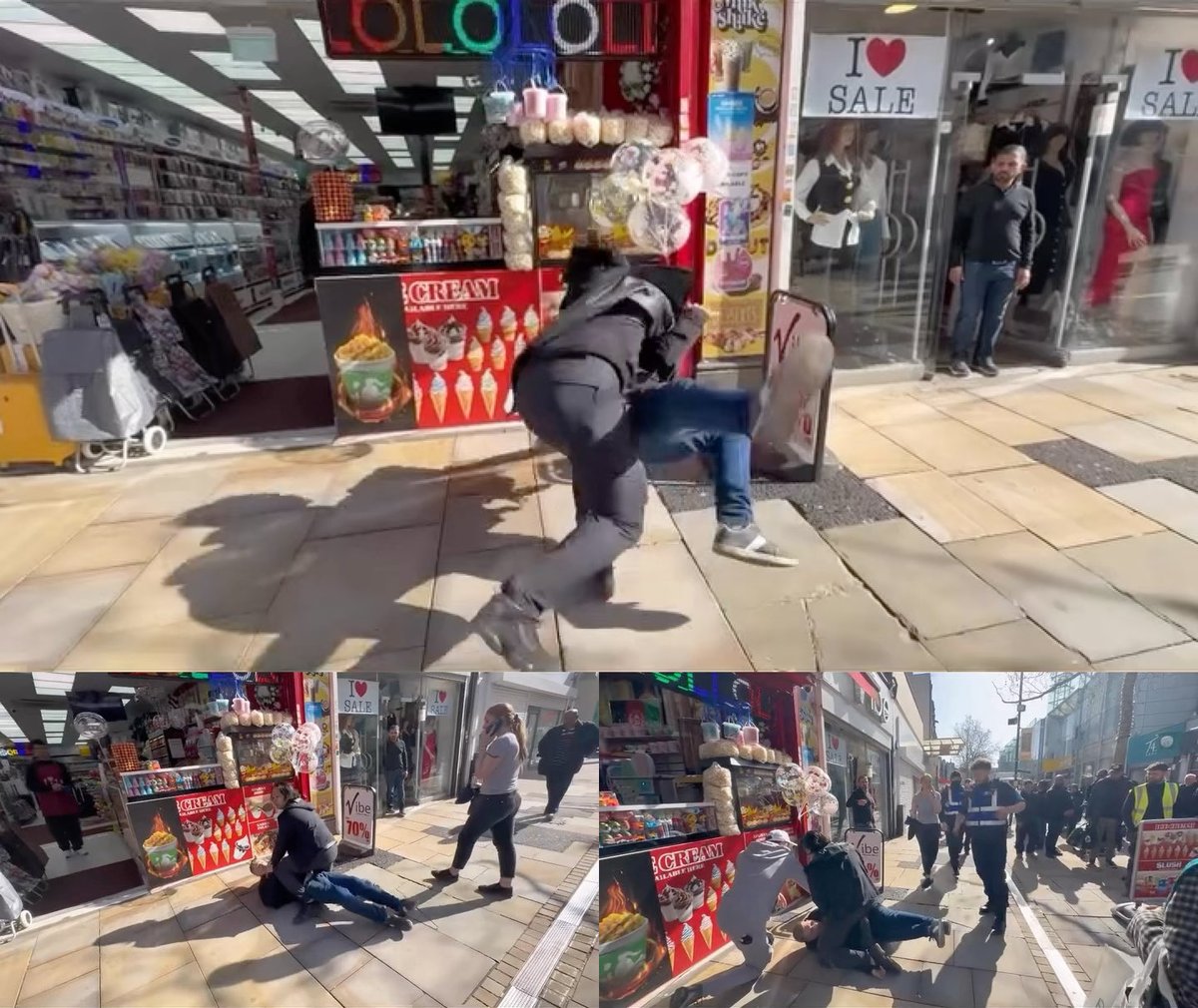 csi_london's tweet photo. The first three images (📸 Say Cheese Media) were taken last week in North End, Croydon, where a member of the public detained a man suspected of shoplifting after he became aggressive and kicked off. BID officers were on hand and assisted until police arrived, with the male being arrested at the scene.

The remaining images are from today, involving the same individual, again wanted for shoplifting. When officers attempted to arrest him, he tried to make off through Surrey Street Market, Croydon. In his dash to get away he attempted to leap over a fruit & veg stall, but instead ended up face down in the produce while continuing to resist officers’ attempts to restrain him with the assistance of the local BID officers.

Within minutes, additional units arrived to assist and the man was quickly placed in handcuffs before being taken on a second trip to the local police station.

@MPSCroydon @metpoliceuk @CrimeLdn @ScarcityStudios @999London @uknip247 @obbsie @totalcrime