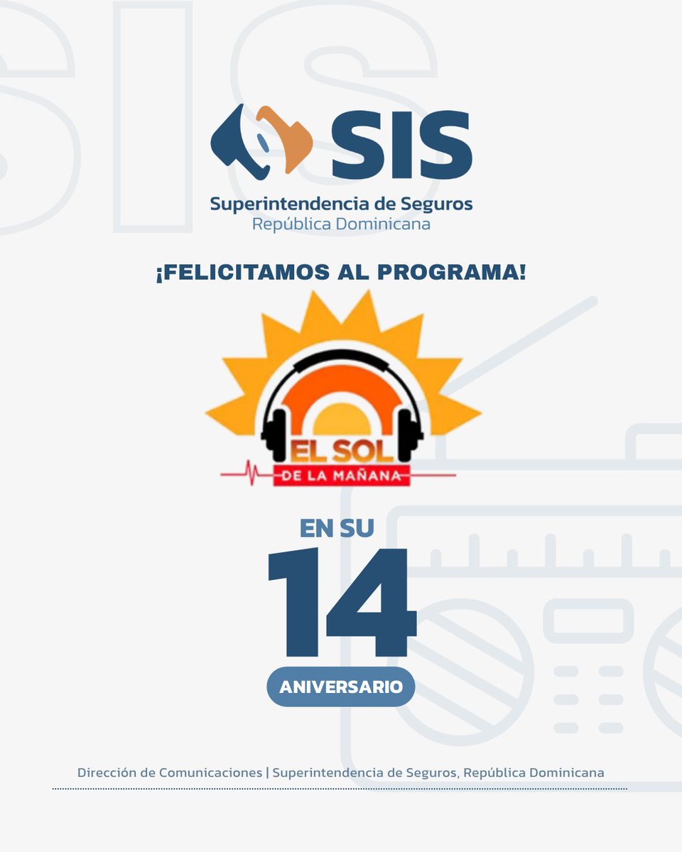 Hoy extendemos nuestras felicitaciones a El Sol de la Mañana (@zol1065fm) por su 14° aniversario.

Este espacio se ha consolidado como referente en la radiodifusión dominicana, aportando información veraz y oportuna, y contribuyendo al fortalecimiento de la opinión pública.
