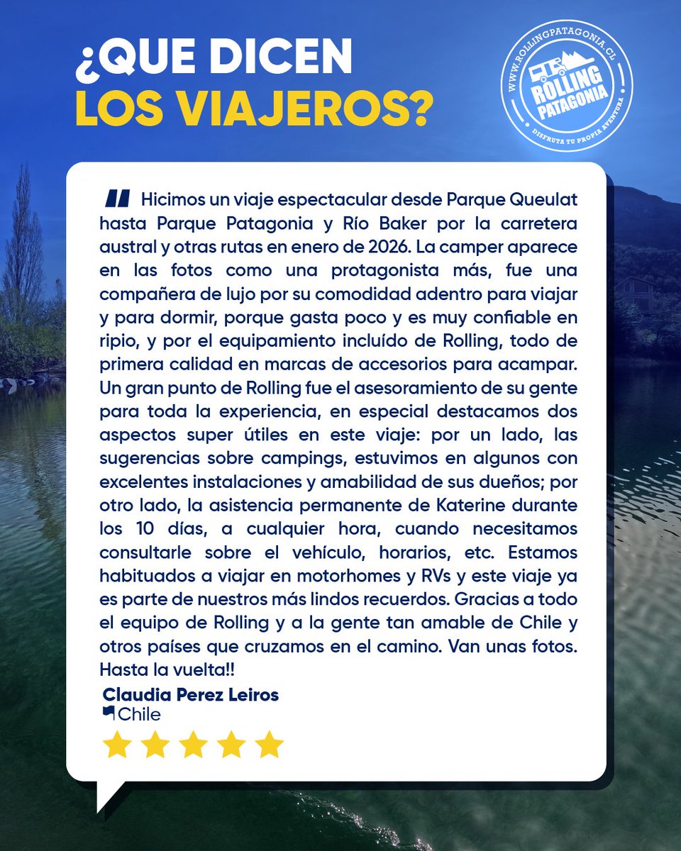 rollingpatagon's tweet photo. Detrás de cada reserva hay una historia que comienza a rodar.
Gracias por compartir su experiencia y por confiar en nuestro equipo en cada tramo del camino💙 🚐
 ¿Tú también quieres vivir la Patagonia sin complicaciones? Escríbenos y planificamos tu viaje ideal
#RollingPatagonia https://t.co/1DiYNfEyS8