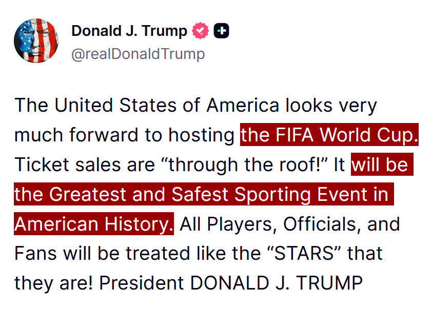 disclosetv's tweet photo. JUST IN - Trump says that the U.S. hosted FIFA World Cup "will be the greatest and safest sporting event in American history." https://t.co/LVC4dbZFp1
