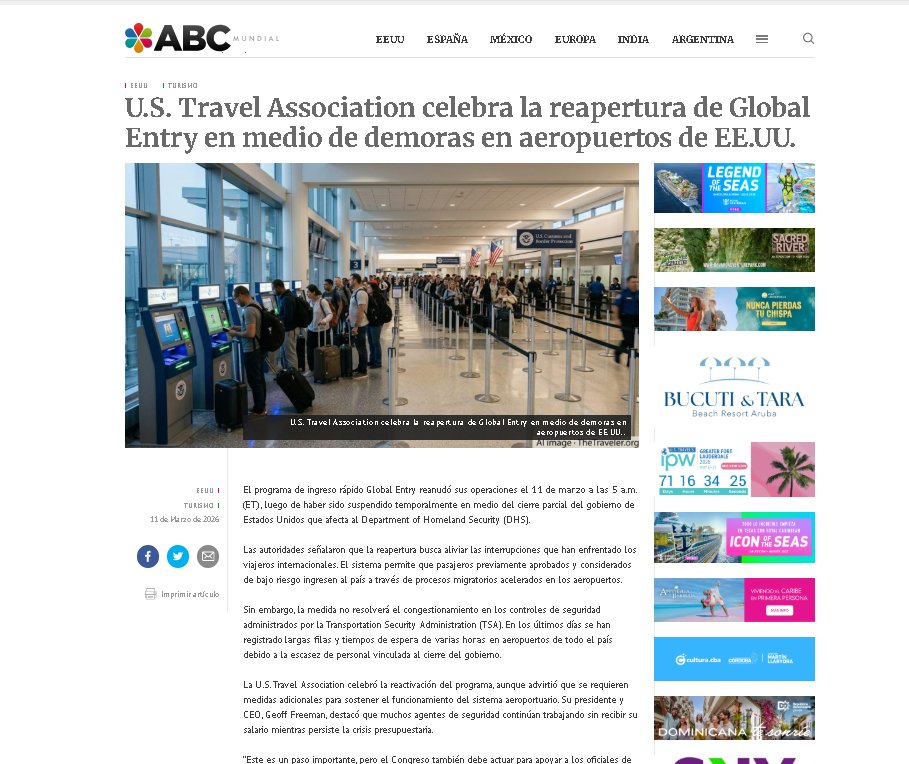 ABCMundial's tweet image. U.S. Travel Association celebra la reapertura de Global Entry en medio de demoras en aeropuertos de EE.UU.
#GlobalEntry #USTravel #AeropuertosEEUU 
@USTravel 
abcmundial.com/2026/03/11/eeu…