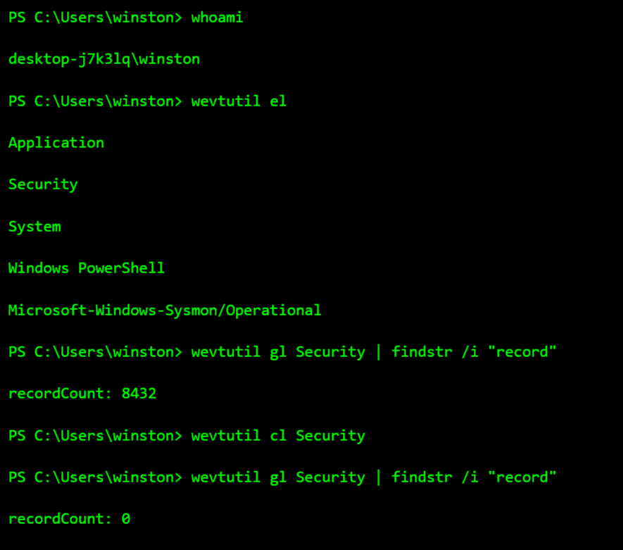 Officialwhyte22's tweet photo. Windows Defense Evasion via Event Log Clearing

Hackers exploit Windows logging behavior by clearing specific event logs after performing suspicious activity. Windows records authentication events, privilege escalation attempts, service changes, and many other indicators inside the Security, System, and Application logs. If attackers can erase those records, investigators lose the most direct evidence of what happened on the machine. Because of this, log tampering is often one of the last steps attackers attempt after gaining elevated access.

In the image below, I show how a compromised user with administrative privileges inspects Windows event logs and then clears them using built-in tools. I first list the available logs to confirm their presence and size. After verifying that logs exist, I execute the command used to clear the Security log. This action is recorded by Windows itself, which ironically becomes one of the strongest indicators that tampering occurred.