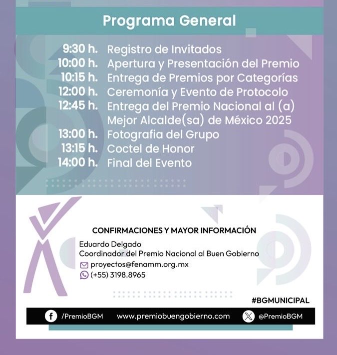 PremioBGM's tweet photo. Mañana es la <Ceremonia Anual de Entrega de Premios Nacionales al Buen Gobierno Municipal 2025>

Esperamos a todos los municipalistas que quieran compartir los proyectos e iniciativas municipales +sobresalientes de 🇲🇽

⏱️ Mañana viernes  9:30 hrs

📍Sede @inap_mx

¡ Bienvenidos ! https://t.co/scThIlubwb