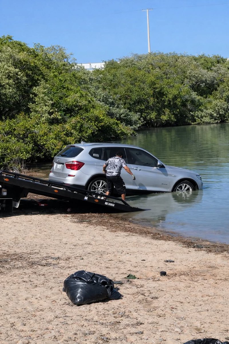 xkau's tweet photo. 🚨 Una BMW X3 terminó parcialmente sumergida en el mar, junto al puente de la antigua carretera #Mérida–#Chelem. Su dueño, de 61 años, la estacionó en una brecha usada por pescadores, pero en segundos la camioneta se deslizó hasta el agua. https://t.co/K4MbiLosXk
