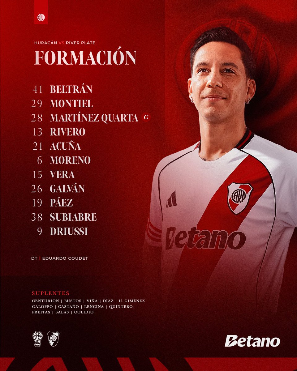 📋✔️ Los 11 elegidos por Eduardo Coudet para visitar a Huracán ⚽️

#VamosRiver ⚪️🔴⚪️