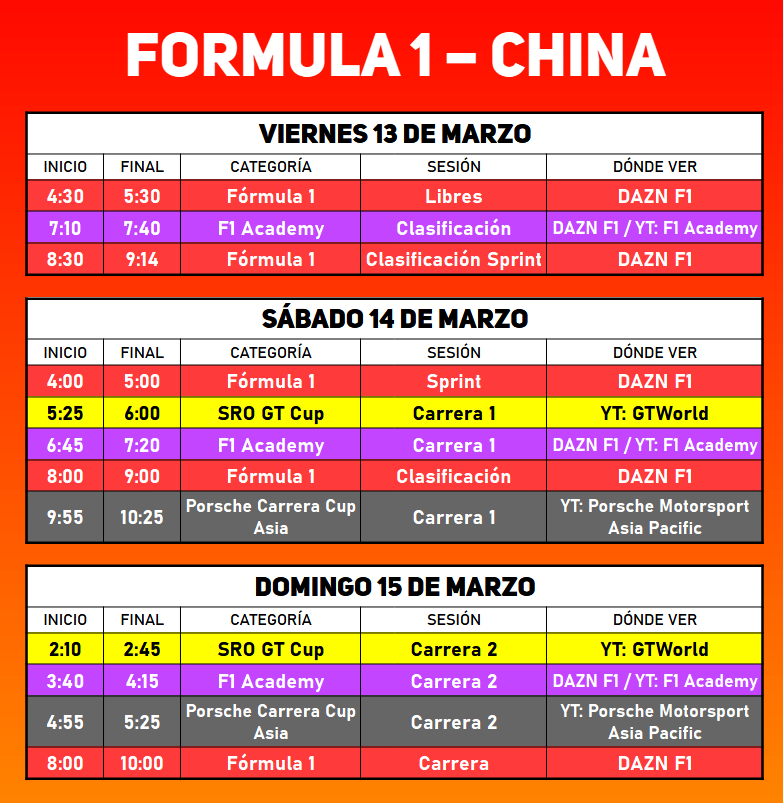 aritz_alonso's tweet photo. 💥 Si hay algún despistado aquí van los horarios de este segundo Gran Premio de la temporada de Formula 1 2026 # GRAN PREMIO CHINA (Shanghai) #ChineseGP  #ChinaDAZNF1🇨🇳 https://t.co/COAj1MBZdS