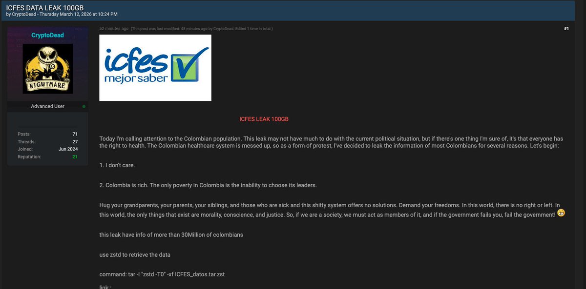 Esto parece muy grave. Pero me tomará tiempo analizarlo. Acá afirman que se robaron 100 gigas del Icfes con 30 millones de datos.