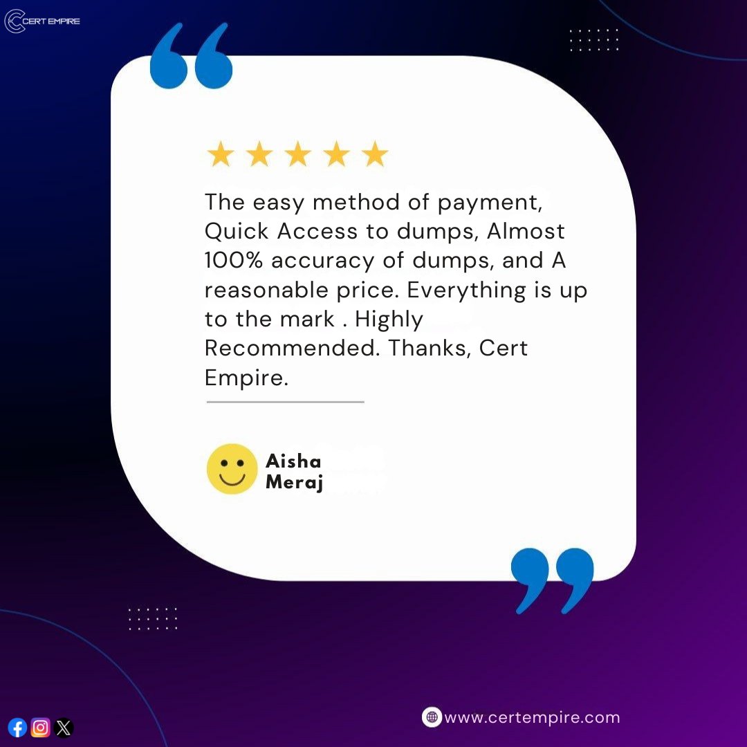 CertEmpire's tweet photo. ⭐⭐⭐⭐⭐
Our customers say it best! Thank you, Aisha, for your kind words. 💙 Easy payments. Quick access. Accurate dumps. Unbeatable prices. That's the Cert Empire promise! 🚀
🌐 Visit us: https://t.co/RCoUhUYKXD
#CertEmpire #CertificationJourney #ITProfessional #ExamSuccess #StudyMaterial #PassYourExam #CareerGrowth #TechCareer #OnlineLearning #CertifiedProfessional #EpicCertification #HealthIT #exam #dumps #microsoft #AWS #comptia #oracle #CISSP #CCNA #Google #Twitter #Togaf