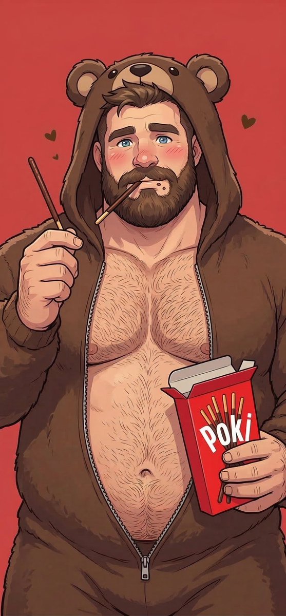 BakaAda98's tweet photo. A bear eating his favorite snacks. 🐻🍫 
Hope your day is as sweet as this!☺️
Wants some Poki? 😏

#AIart #BearArt #Bara https://t.co/jLq3dhbrnt