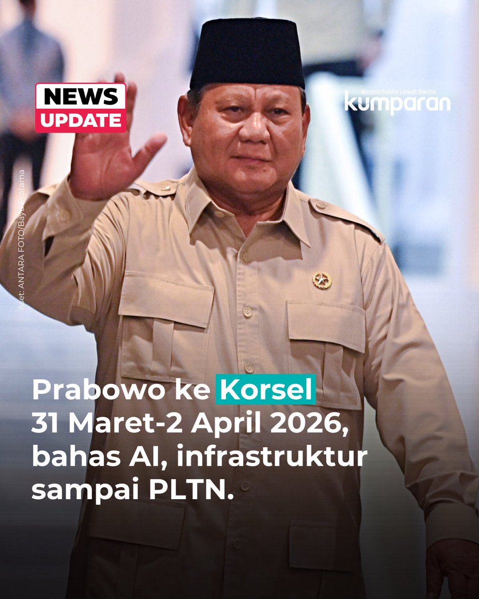 kumparan's tweet photo. Istana Kepresidenan Korsel, Gedung Biru, mengumumkan lawatan kenegaraan Presiden Prabowo Subianto ke negaranya pada 31 Maret 2026 sampai 2 April 2026, Jumat (13/3).

Prabowo akan bertemu Presiden Lee Jae Myung. Mereka akan membahas penguatan kerja sama di bidang AI, infrastruktur, PLTN, konversi energi dan kebudayaan.

📸: Dok. Antara.

Baca selengkapnya dengan klik link di bio. Cari tahu berita update lainnya dengan download aplikasi kumparan di App Store atau Google Play.⁠

📝: newsupdate | update | news | oneliner | R194 | E051 | E164 | V145
#prabowo #bicarafaktalewatberita #kumparan