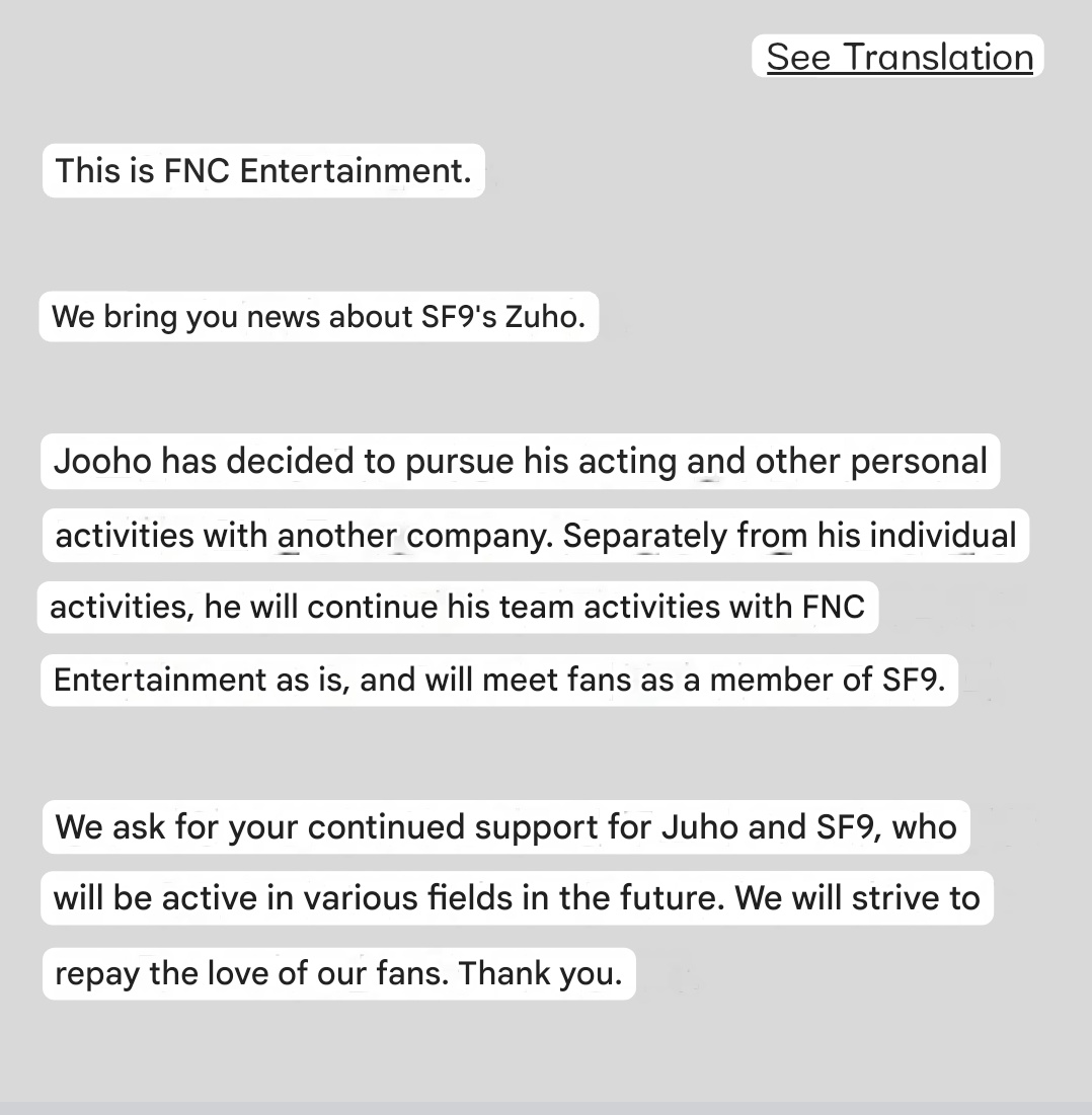 ForeverNueve's tweet photo. You said it but you didn't keep your word, and you've tried to erase and keep Zuho out of the group

"Separately from his individual activities, he will continue his team activities with FNC Entertainment, and will meet fans as a member of SF9"

@FNC_ENT @SF9_FANCLUB

#ZUHOISSF9 https://t.co/p5Sk1AYVHc