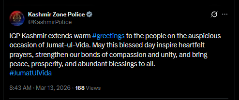 GreaterKashmir's tweet image. IGP Kashmir extends warm #greetings to the people on the auspicious occasion of Jumat-ul-Vida. May this blessed day inspire heartfelt prayers, strengthen our bonds of compassion and unity, and bring peace, prosperity, and abundant blessings to all: @KashmirPolice