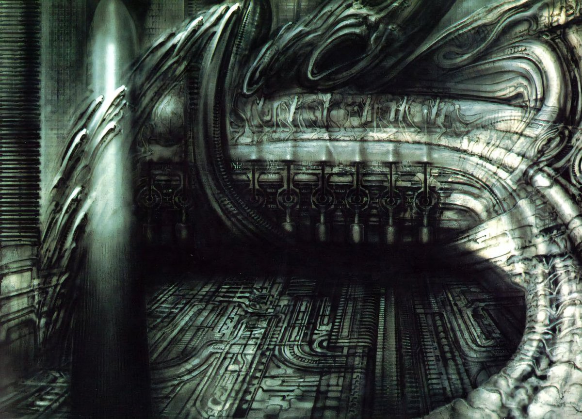 RJCrowtherJr's tweet image. 💀⚙️ When you plunge into H.R. Giger's world, it penetrates you. Biomechanical Landscape II (1987) left and Japanese Exursion (1986) right. #HRGiger @GigerArt