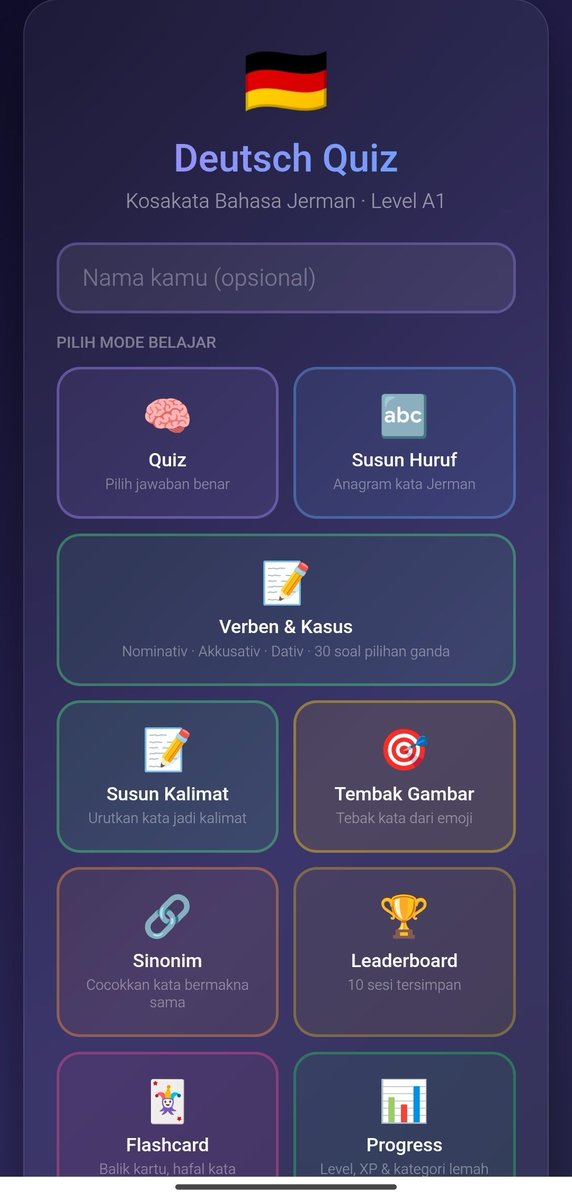 Iseng bikin app buat pembelajaran Deutsch khusus buat Level A1 pake Claude dan yakkk keterusan.
Claude ini bener-bener keren sih buat bikin sebuah aplikasi yang menurut gw cukup rumit. 

Bener-bener komplit mau lu apa tinggal tuangin idenya, kerangkanya dan bumbunya, jadi deh.