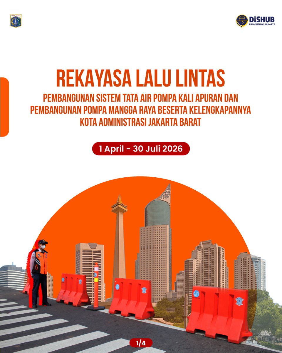 dishubjakarta's tweet photo. Akan ada Rekayasa Lalu Lintas di Jakarta Barat pada 1 April - 30 Juli 2026!

Rekayasa Lalu Lintas ini diterapkan karena ada pembangunan sistem tata air pompa Kali Apuran &amp; pembangunan pompa Mangga Raya di sekitar lokasi tersebut. https://t.co/kmseBmYR6z
