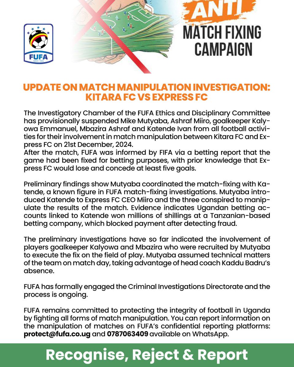 oduk_smartboy's tweet photo. The @OfficialFUFA has provisionally suspended Mike Mutyaba, Ashraf Miiru, Kalyowa Emmanuel, Mbazira Ashraf, and Katende Ivan over alleged match manipulation in the @KitarafcHoima vs @ExpressFCUganda match played on 21 December 2024 as investigations continue. https://t.co/5HP8QqDt3W
