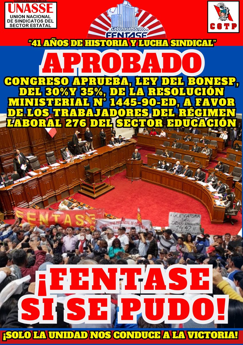 FENTASE's tweet photo. Se hizo justicia. Congreso aprueba Ley de la Bonificación Especial a favor de los trabajadores administrativos del sector educación del régimen laboral 276 https://t.co/Vm2r0higAL