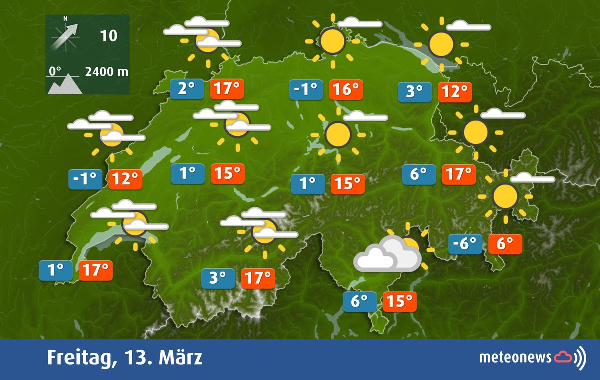 MeteoNewsAG's tweet image. Am Freitagmorgen liegt im Flachland nur lokal etwas Nebel, sonst lacht zunächst die #Sonne von einem blauen Himmel. Später gibt es von Westen her vermehrt aufziehende #Schleierwolken. Am Nachmittag wird es angenehm mild, in den Alpen kommt #Föhn auf. meteonews.ch (km)