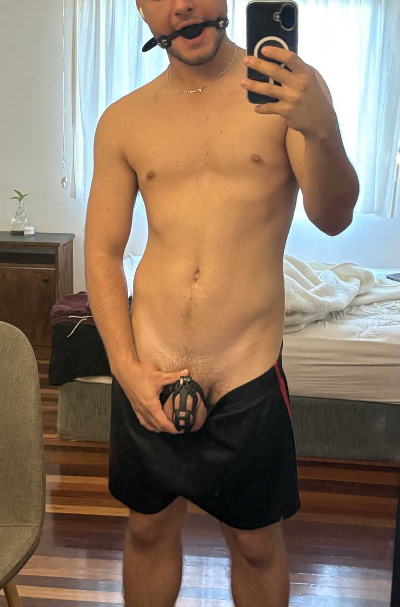 No underwear for me 😈 think I should downsize now just ready for a smaller nub, don’t you think? 🔒 #chastity #ballgag #teamlocked