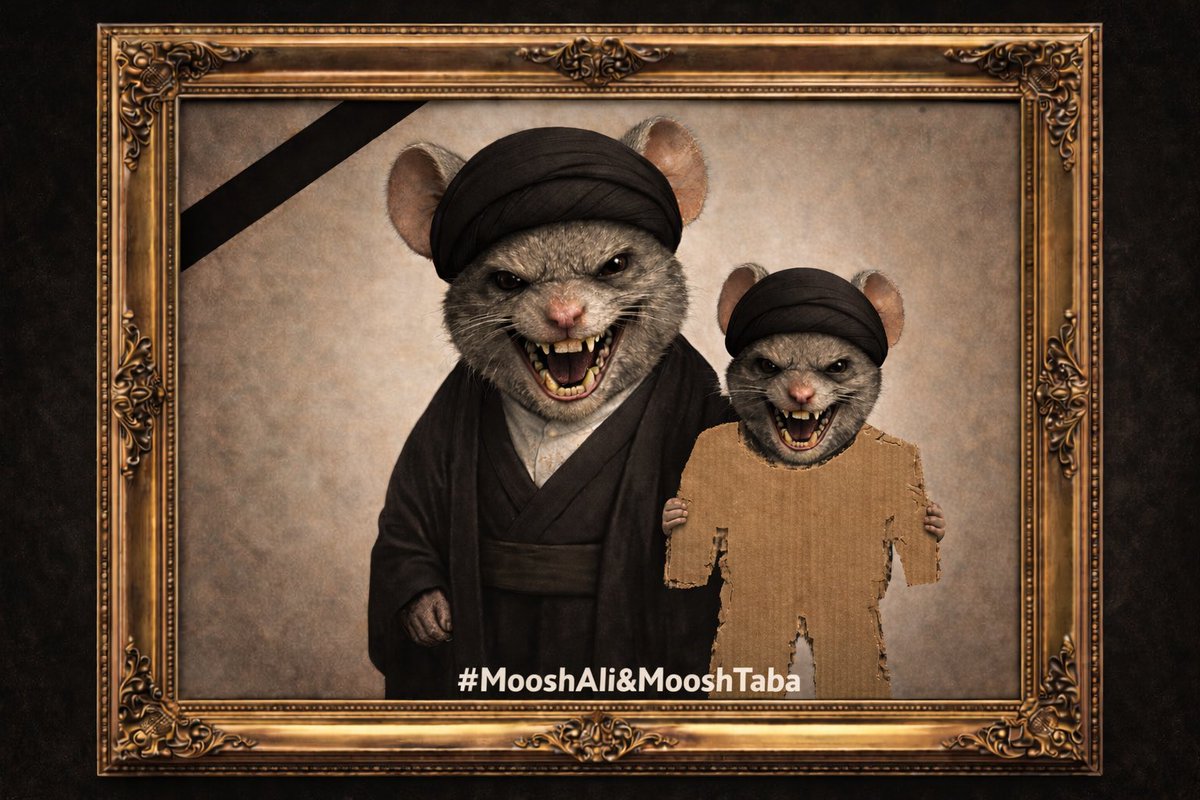 ParisCIran's tweet photo. 😂 The Khamenei family portrait just dropped — meet Supreme Rat #MooshAli and his cardboard prince successor #MooshTaba!

Robes of tyranny? ✅

Fierce rat glare? ✅

Actual power? Torn to shreds like that cheap suit 😂

Even with 45 years of stolen rule, this is all they’ve got left: two vermin in a fancy frame.

Iran’s people aren’t playing cat-and-mouse anymore.

The Moosh era is OVER — flushed straight to history’s sewer. 🐀🚽🇮🇷

The real lions are rising.

#MooshAli #Moosh_Taba #JavidShah