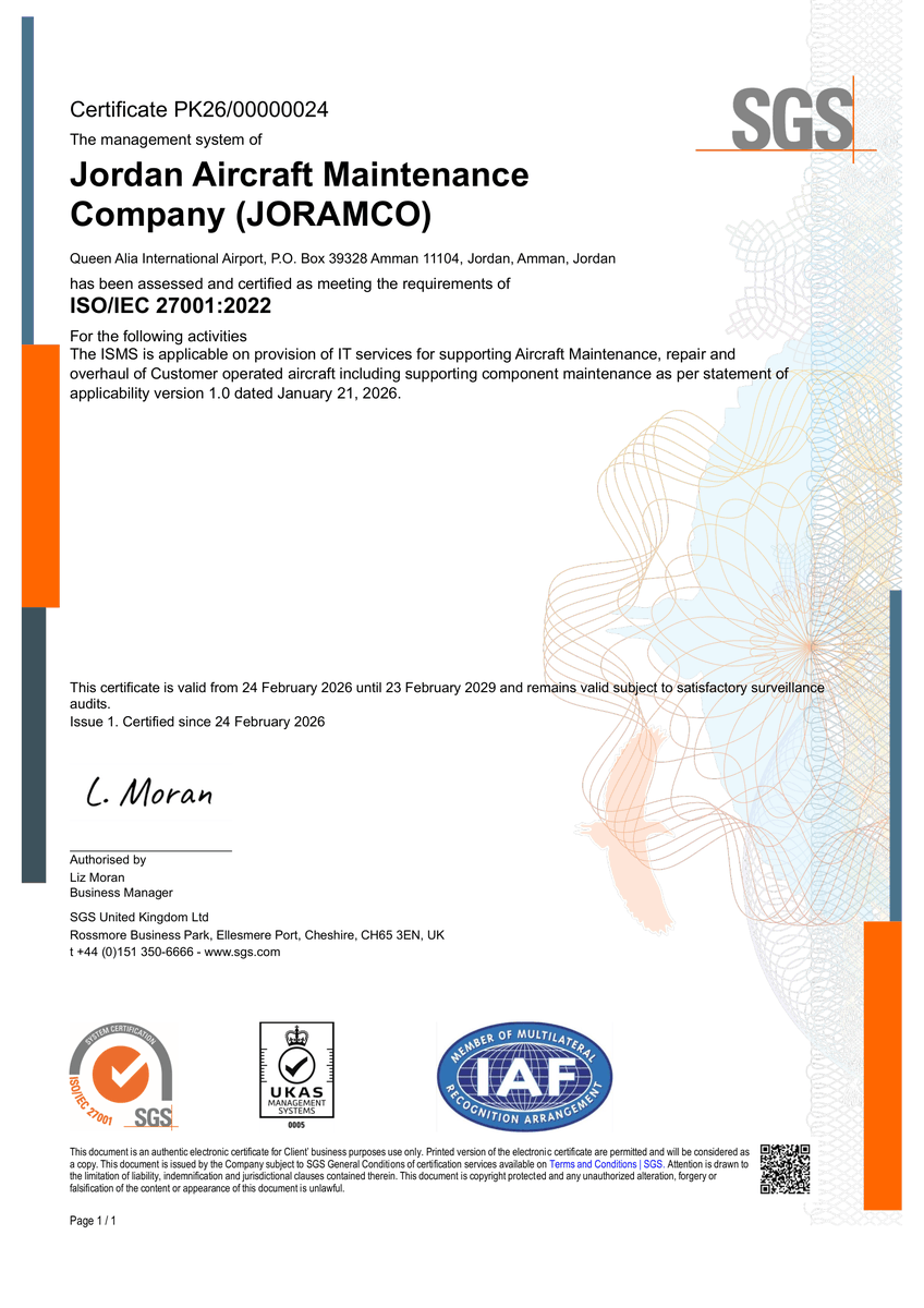 Joramco's tweet image. Joramco is proud to announce that we have been 𝐈𝐒𝐎/𝐈𝐄𝐂 𝟐𝟕𝟎𝟎𝟏:𝟐𝟎𝟐𝟐 certified, reinforcing our commitment to the highest standards of information security and data protection.

#Joramco #MRO