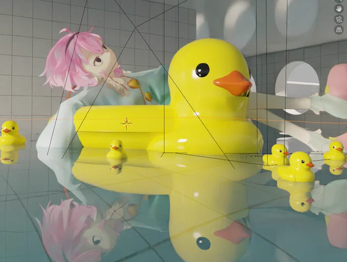 簡易アニメ‐作り方気になる人向け ①blenderで空間を作る ②カメラを設定して仮置きした素体を基に絵を描く(画像1) ③平面画像をblenderにぶちこむ ④そのままだと平べったいのでスカルプトでちょっと凹凸つける(画像2) ⑤波とかにアニメーションつけて完成!