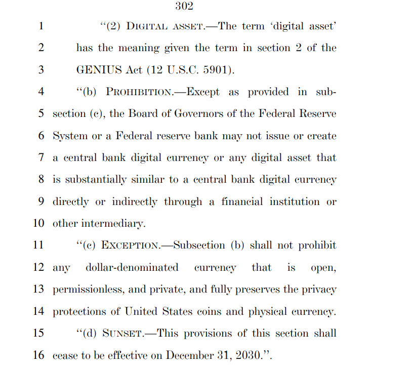 The_NewsCrypto's tweet image. 🚨 NEW: The U.S. Senate has passed a housing bill (21st Century ROAD to Housing Act) that includes a provision banning the Federal Reserve from issuing a CBDC until Dec. 31, 2030. 🇺🇸

The provision blocks both direct and indirect Fed CBDC issuance.

#CBDC #Crypto #Policy #FED