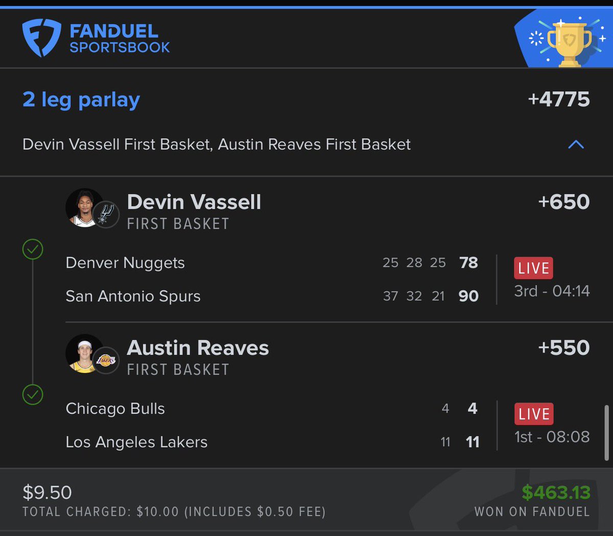 HittinOdds's tweet photo. Great night so far… tailed @LilGilTrill 3 leg first basket.  Then I broke his down into a two leg, and then cashed my own separate two leg… BANNNNGGGGGG ‼️ https://t.co/RQmLfqCoRc