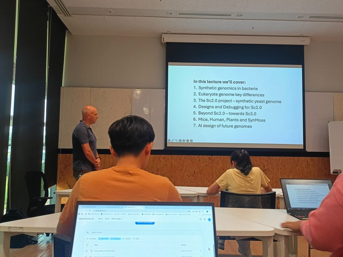 deepesho's tweet photo. Privileged to attend a lecture by @ProfTomEllis  at @VISTEC_Thailand  on Eukaryotic synthetic Genomes &amp; Engineered Living Materials (ELMs). Basics to cutting-edge, all in 3 hours session. Thank you Prof. Ellis for an incredible lecture!
#SyntheticBiology #ELMs #VISTEC https://t.co/kDiwLs3DK8
