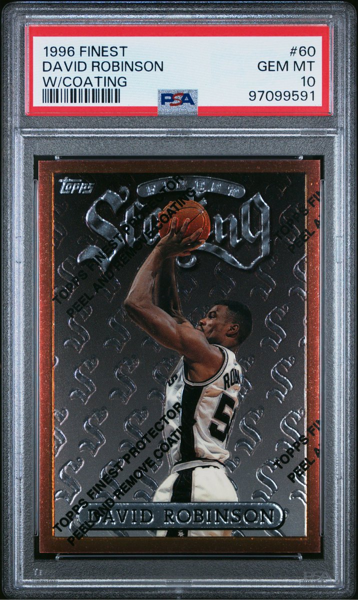 CollectingAll's tweet image. 1996-97 Topps Finest David Robinson W/Coating #60 PSA 10 | Spurs POP 1: $60 👉 Sell to us collectingall.app 👈 #DavidRobinson #ToppsFinest #PSA10 #NBA #Spurs