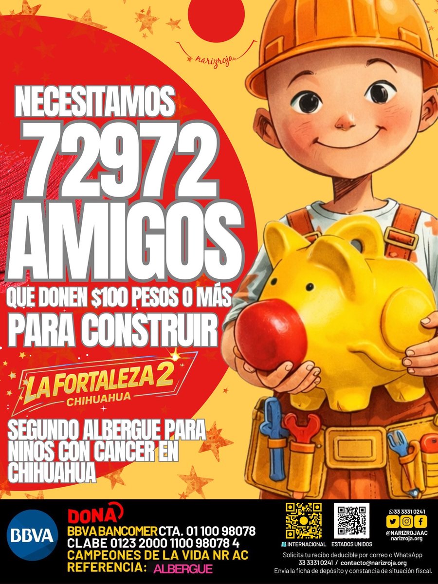 Necesitamos 72,972 amigos que donen $100 pesos o más para construir el segundo albergue para niños con cáncer en Chihuahua.

Un acto de generosidad puede convertirse en un techo, una cama y un lugar de esperanza para quienes hoy luchan por su vida.

Tu ayuda no es solo una